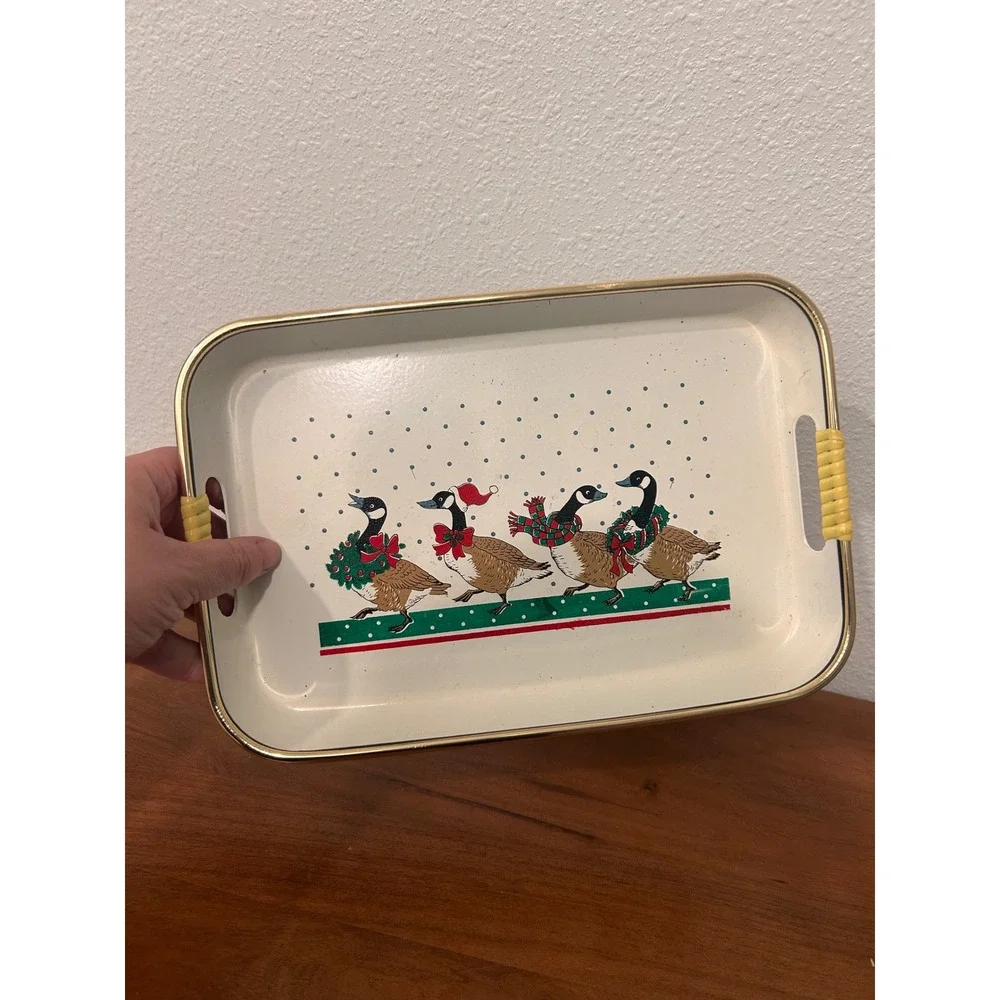 Vintage Christmas Lacquer Serving Tray Canada Geese Holiday Decor Cream Gold Rim